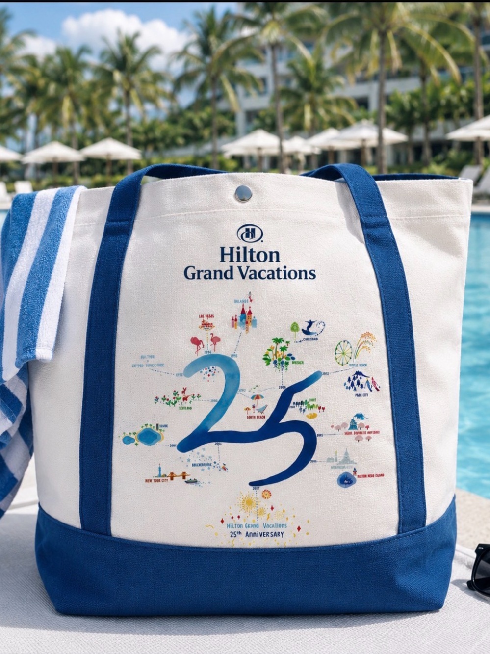 HILTON GRAND VACATIONS 25TH ANNIVERSARY HEAVY CANVAS TOTE BAG BEACH POOL TRAVEL